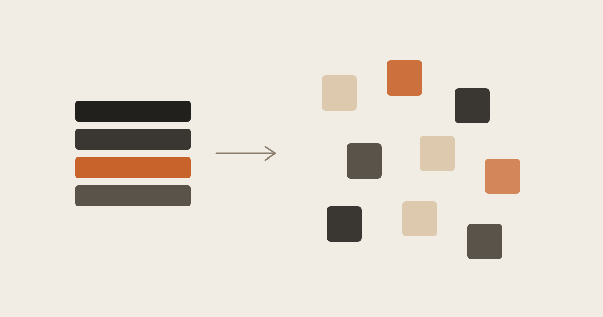 Stacked blocks on the left unbundling into scattered smaller squares on the right
